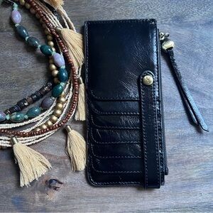 Hobo Wallet Chocolate Brown Patent Leather Card Holder Coin Zipper Top Boho Chic